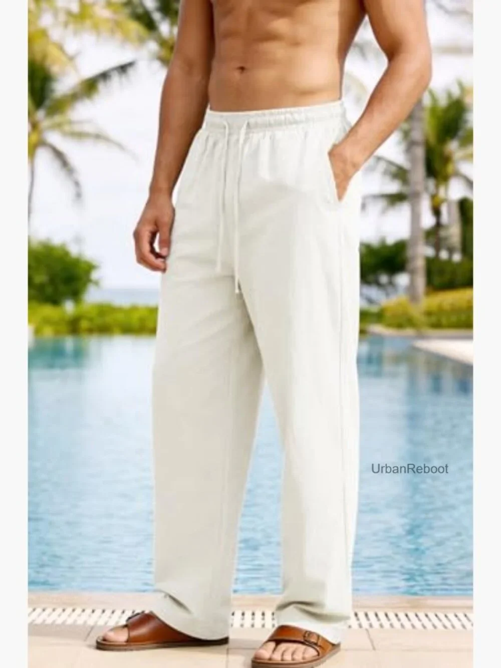 Men's Cotton Linen Pants Relaxed Fit Drawstring Waist Summer Casual Trousers